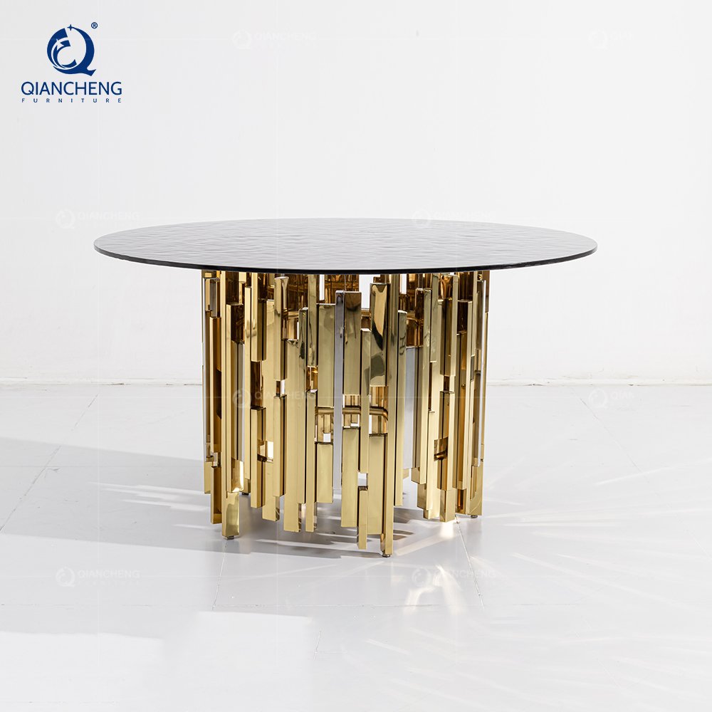 customization furniture dinning table and chair set dubai gold and silver stainless steel for luxury glass top dining table set