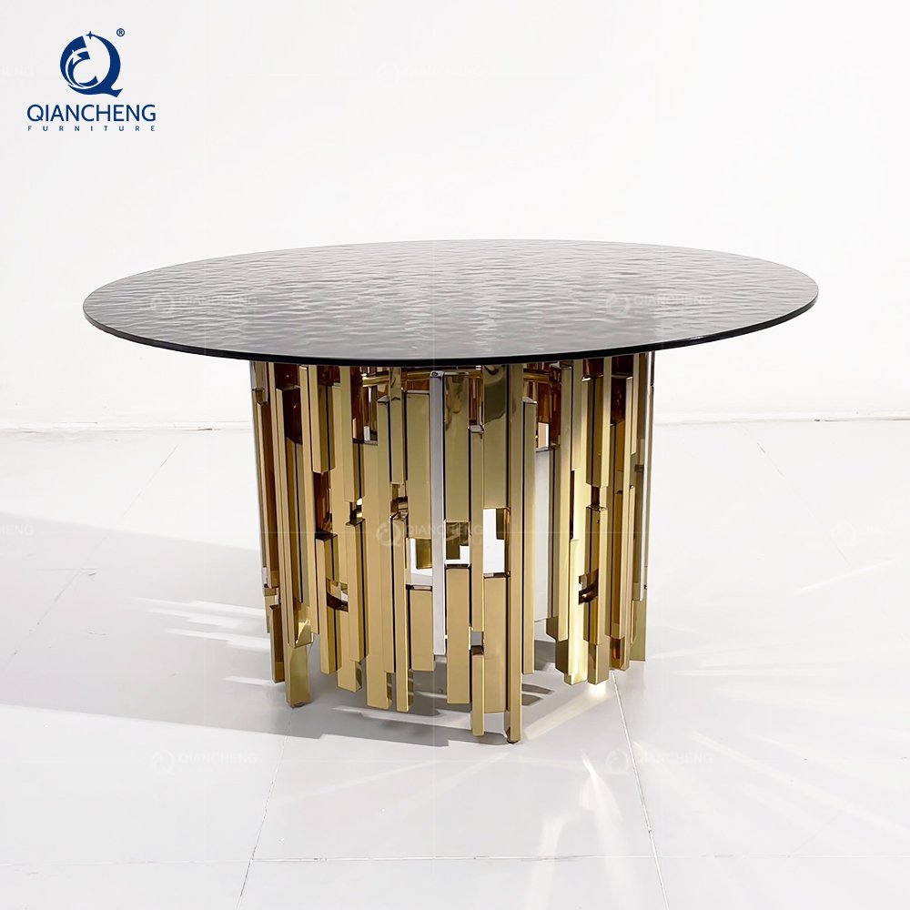 customization furniture dinning table and chair set dubai gold and silver stainless steel for luxury glass top dining table set