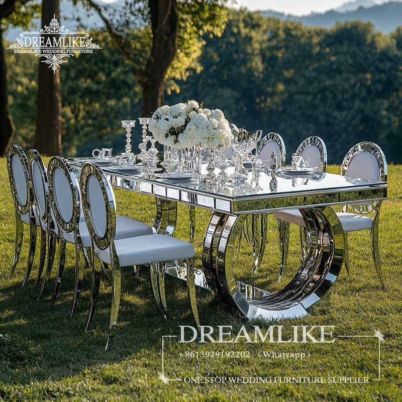 Modern gold stainless steel dining table and rectangular wedding table glass banquet party event weeding banquet tables