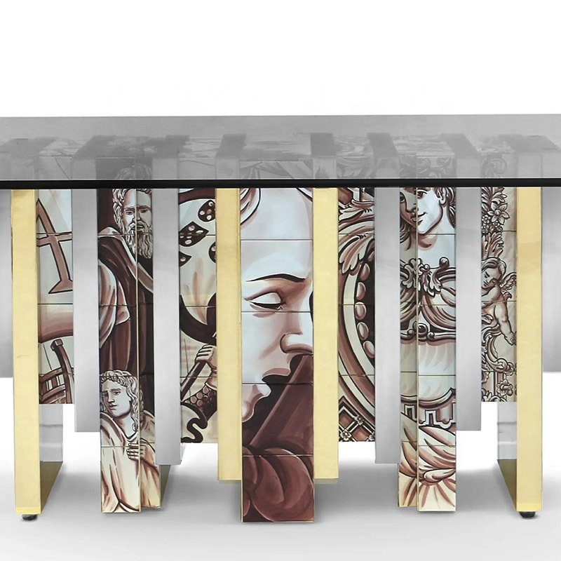 Modern Luxury Villa Home Furniture Hand-Painted Rectangle Dining Table Tempered Glass Design Steel Metal Bars-Bocadolobo Art