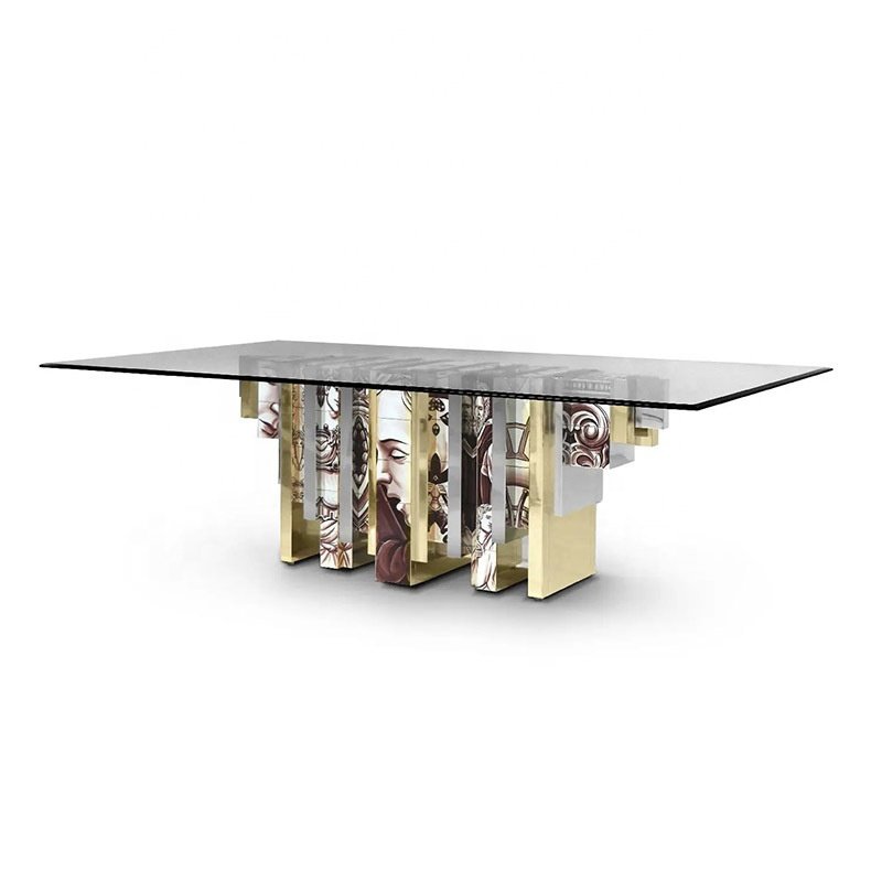 Modern Luxury Villa Home Furniture Hand-Painted Rectangle Dining Table Tempered Glass Design Steel Metal Bars-Bocadolobo Art