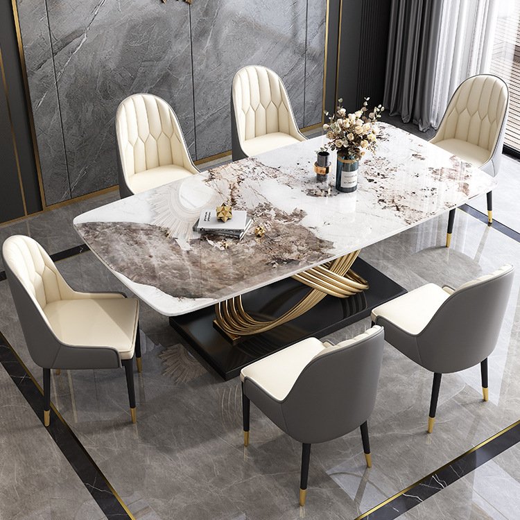 Luxury Rectangular marble dining table and chairs set white top restaurant metal stainless steel dining room sets dining tables