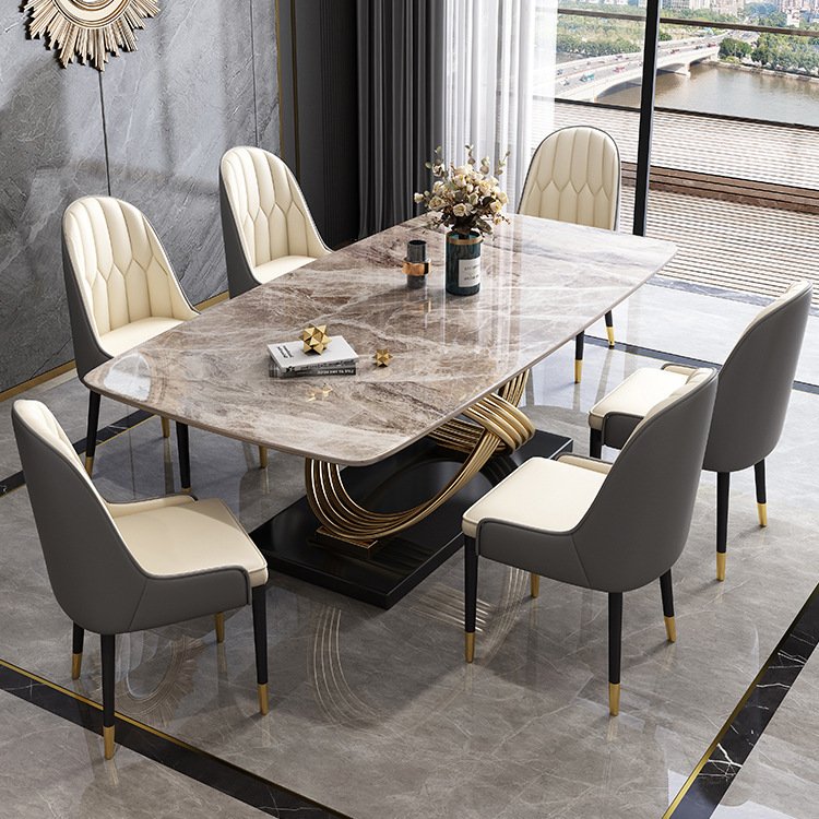 Luxury Rectangular marble dining table and chairs set white top restaurant metal stainless steel dining room sets dining tables