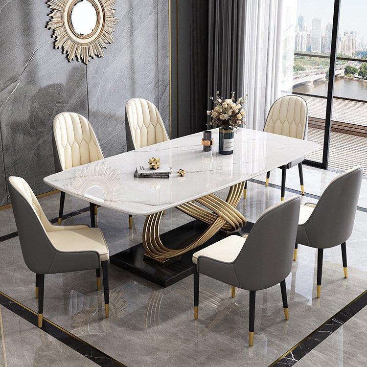 Luxury Rectangular marble dining table and chairs set white top restaurant metal stainless steel dining room sets dining tables