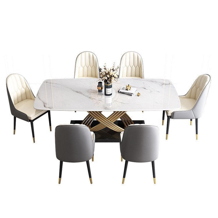 Luxury Rectangular marble dining table and chairs set white top restaurant metal stainless steel dining room sets dining tables
