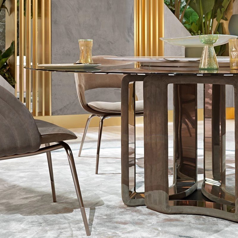 MR Luxury Round Dining Table Natural Marble Dining Room Table Chairs Set Velvet Stainless Steel Base Round Table