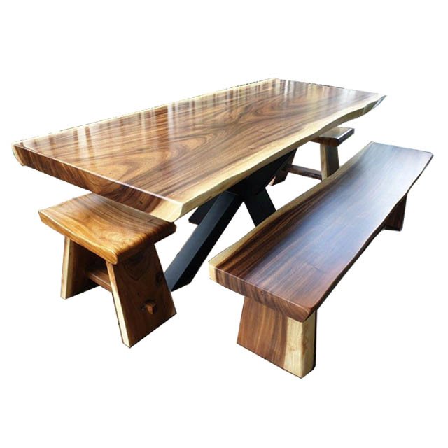 Modern Outdoor Dining Table with Stool and Bench Solid Suar Wood Assembled Beach Hotel Park Made Indonesia Garden Furniture Set