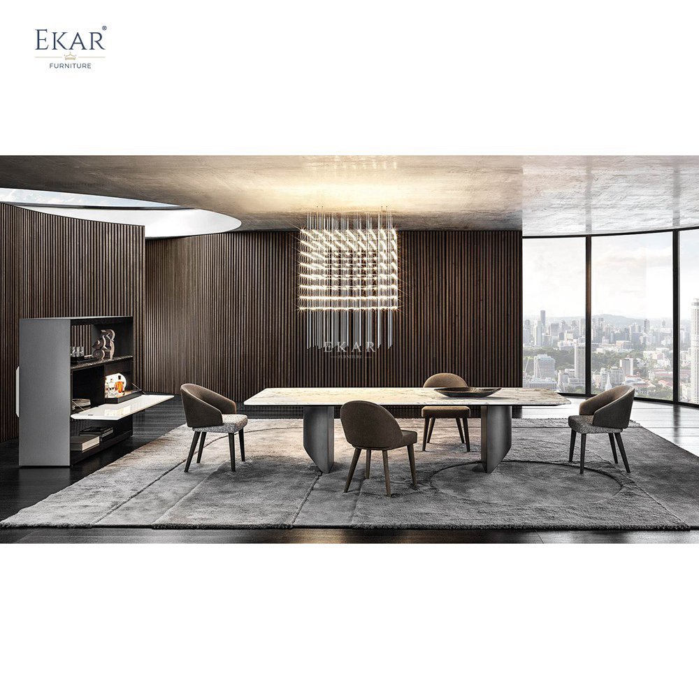 Modern Designed Long Dining Table Sets 36mm Solid Wood with Black Base and Gold Inlaid Jade Marble Office Suitable