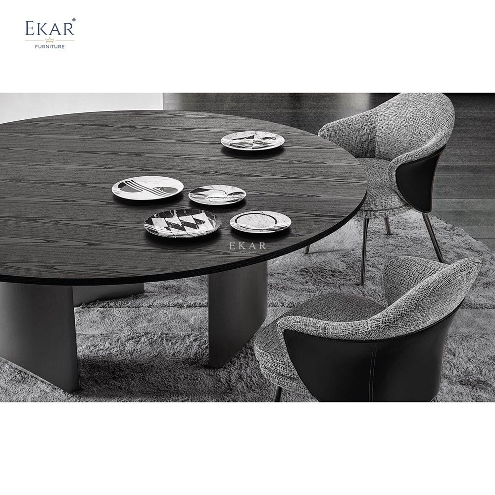 Modern Designed Long Dining Table Sets 36mm Solid Wood with Black Base and Gold Inlaid Jade Marble Office Suitable