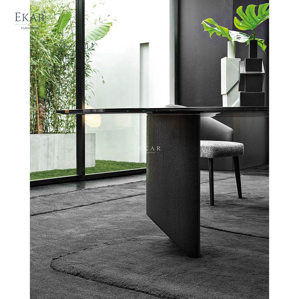 Modern Designed Long Dining Table Sets 36mm Solid Wood with Black Base and Gold Inlaid Jade Marble Office Suitable