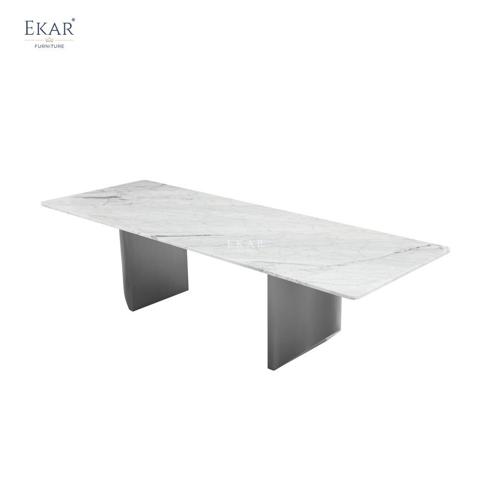 Modern Designed Long Dining Table Sets 36mm Solid Wood with Black Base and Gold Inlaid Jade Marble Office Suitable