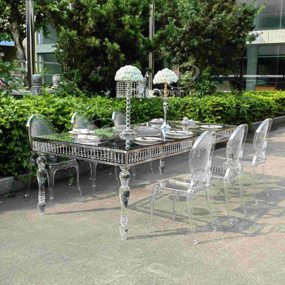 Modern Wedding Event Banquet Hotel Cristal Desk Square or Round Shape Clear Mirror Glass Top Crystal Acrylic Base Dining Table