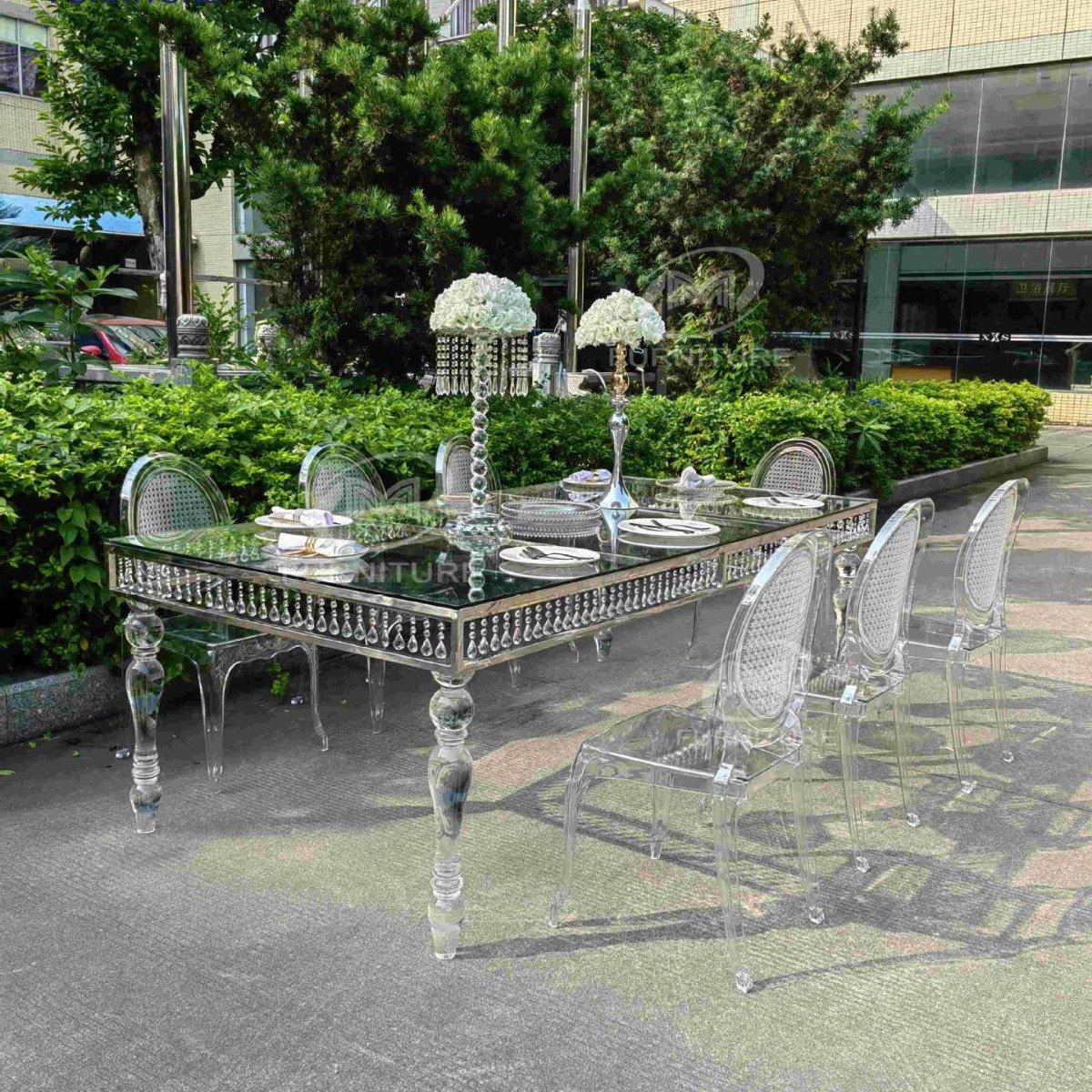 Modern Wedding Event Banquet Hotel Cristal Desk Square or Round Shape Clear Mirror Glass Top Crystal Acrylic Base Dining Table