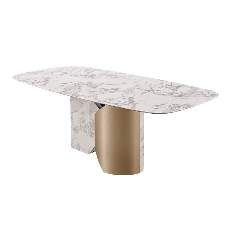 New Modern Set Furniture Gold Silver Stainless Rectangle Dining Room White Marble Stone Top Dining Table