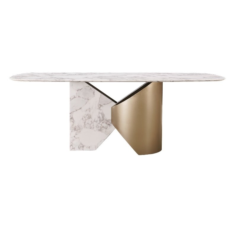 New Modern Set Furniture Gold Silver Stainless Rectangle Dining Room White Marble Stone Top Dining Table