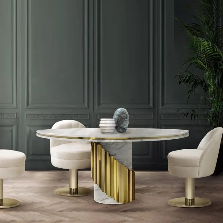 Contemporary family luxury round natural black marble dining table set with chairs in gold stainless steel dining room furniture