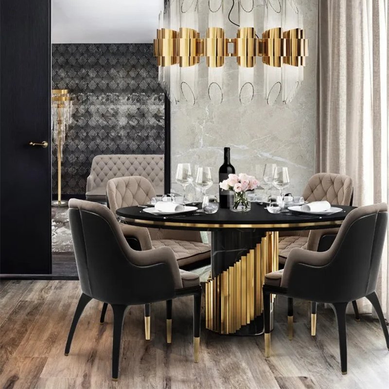 Contemporary family luxury round natural black marble dining table set with chairs in gold stainless steel dining room furniture
