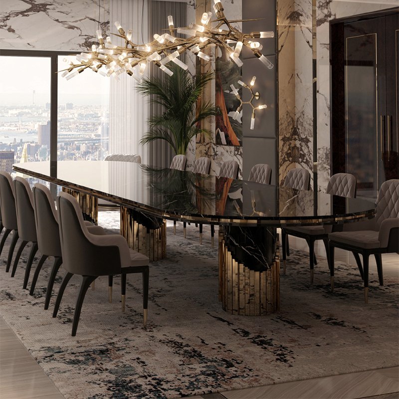 Contemporary family luxury round natural black marble dining table set with chairs in gold stainless steel dining room furniture