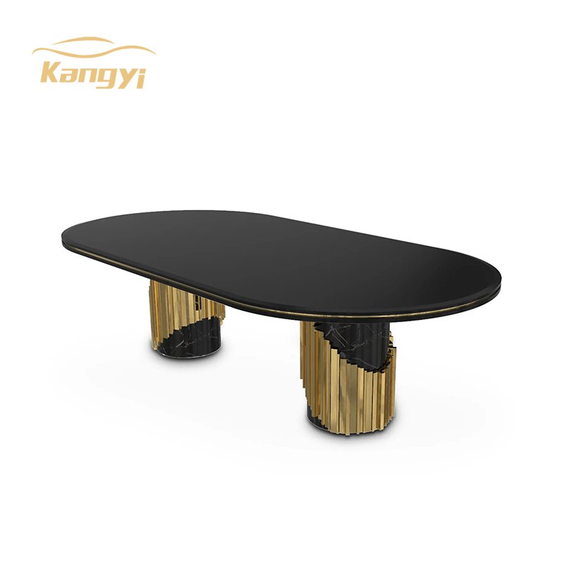 Contemporary family luxury round natural black marble dining table set with chairs in gold stainless steel dining room furniture