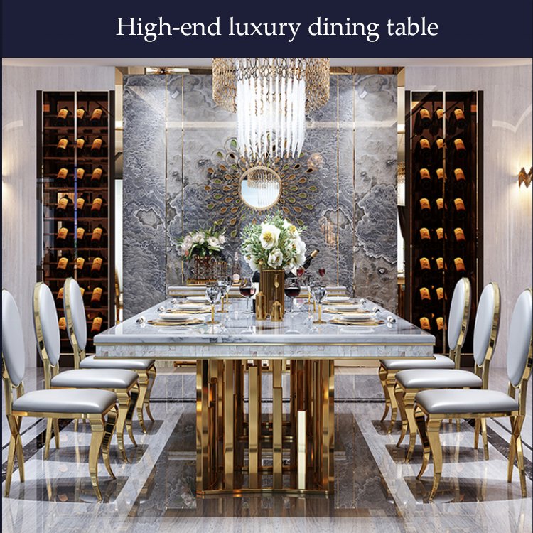 American Deluxe Marble Square Dining Table Luxury Hotel Villa 8 People Dining Table Set