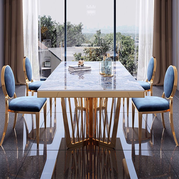luxury square marble top stainless steel leg dining room table sets for 8