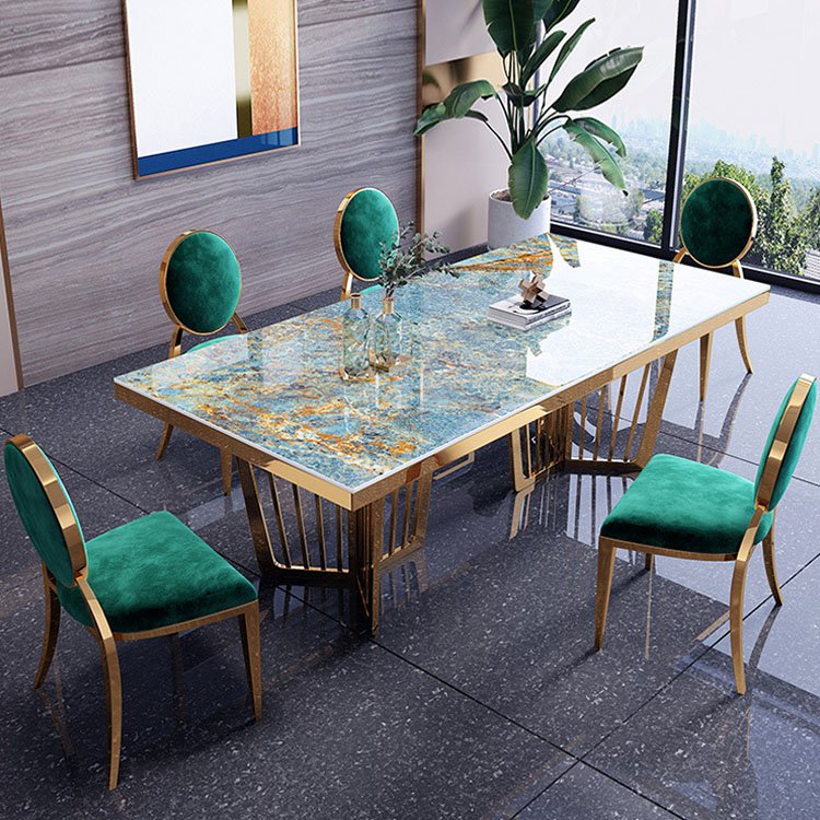 luxury square marble top stainless steel leg dining room table sets for 8