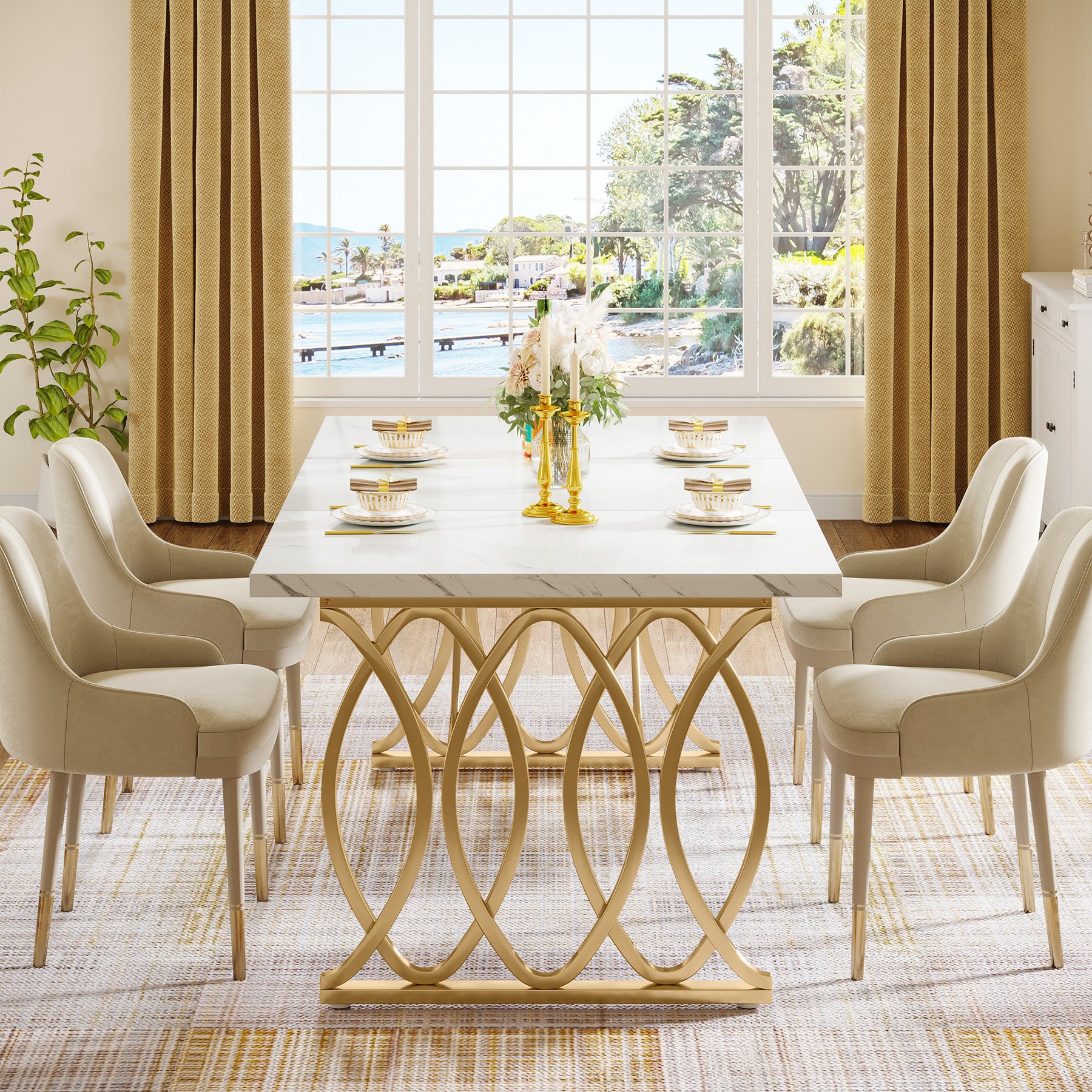 Western style modern wooden luxury rectangular 4 to 6 seater white and gold faux marble dining table 160cm
