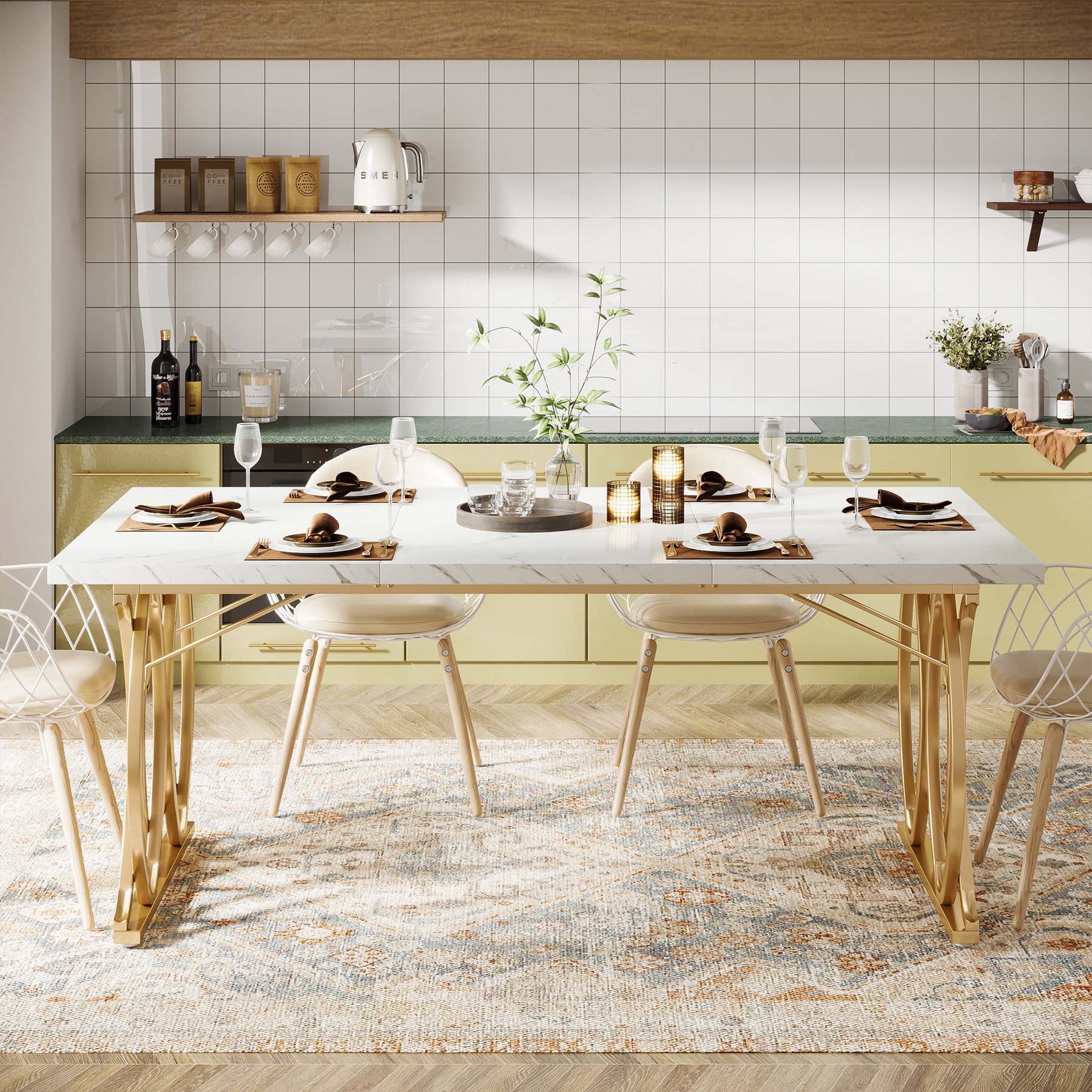 Western style modern wooden luxury rectangular 4 to 6 seater white and gold faux marble dining table 160cm