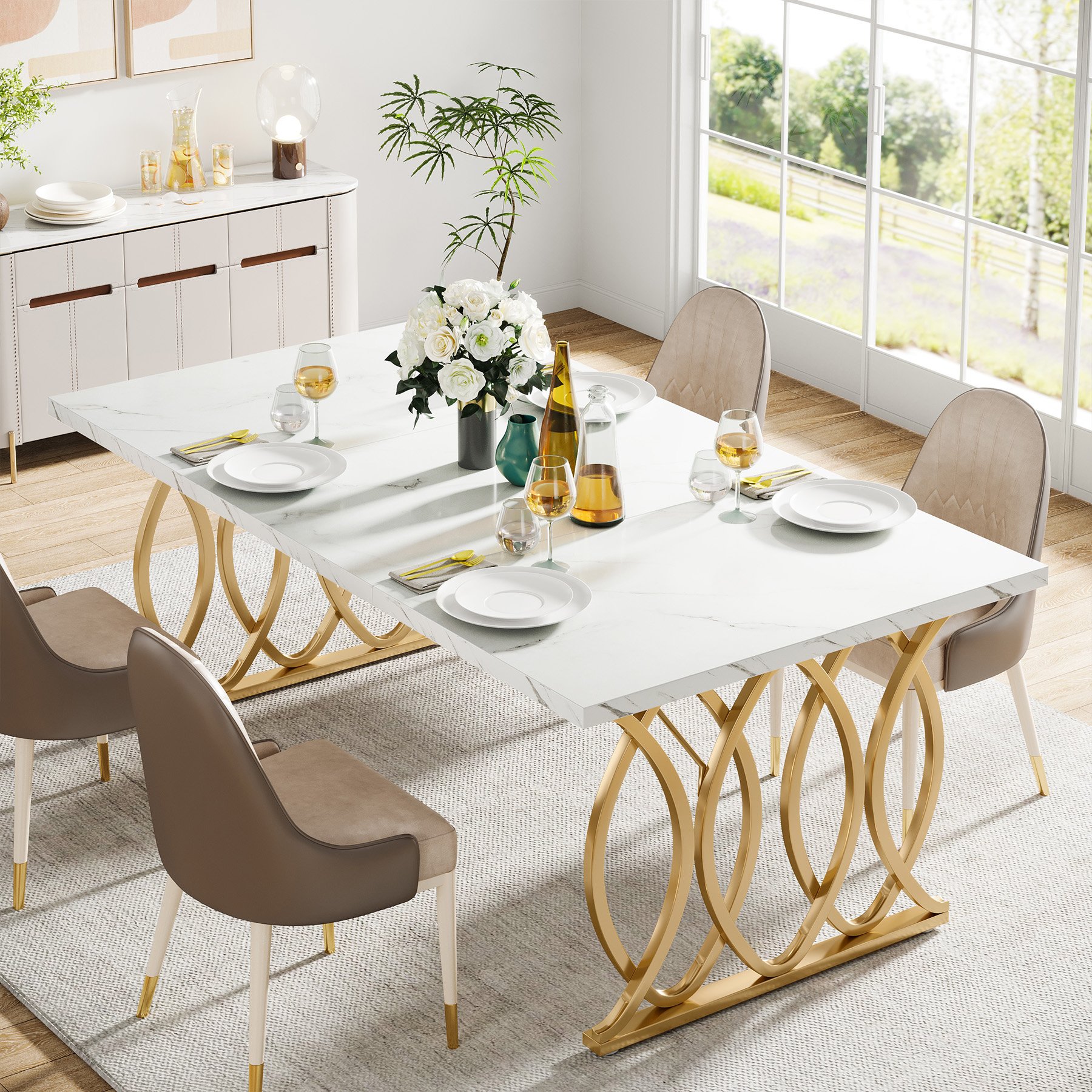 Western style modern wooden luxury rectangular 4 to 6 seater white and gold faux marble dining table 160cm