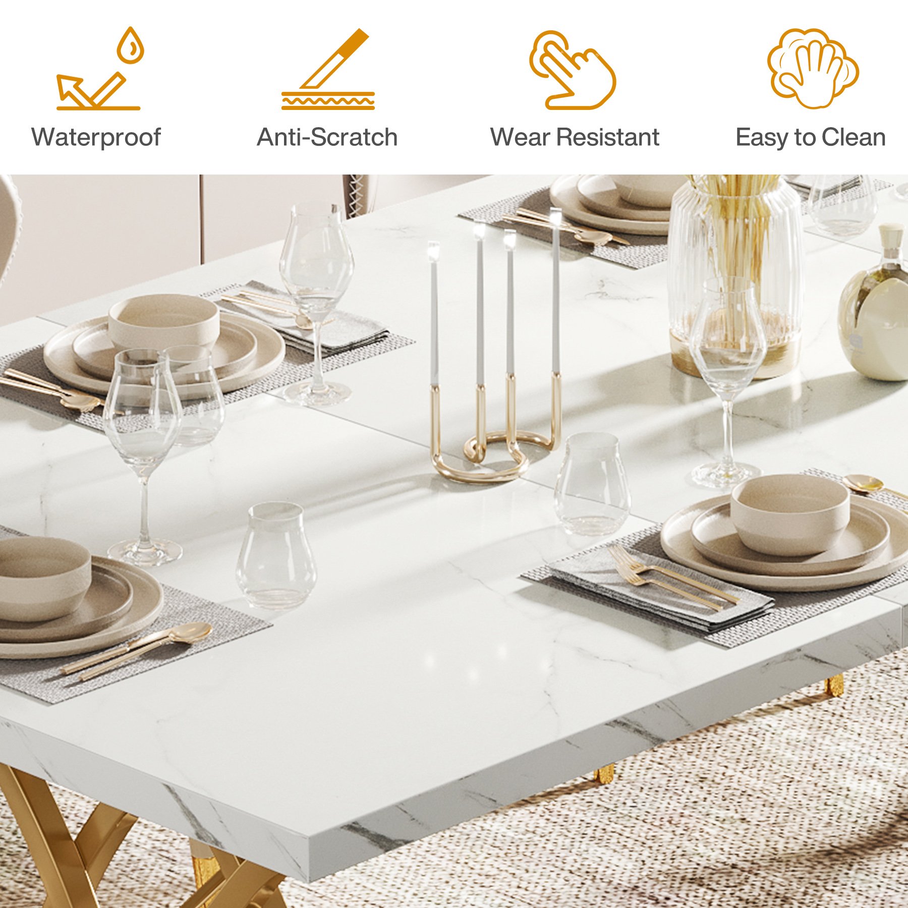 Western style modern wooden luxury rectangular 4 to 6 seater white and gold faux marble dining table 160cm