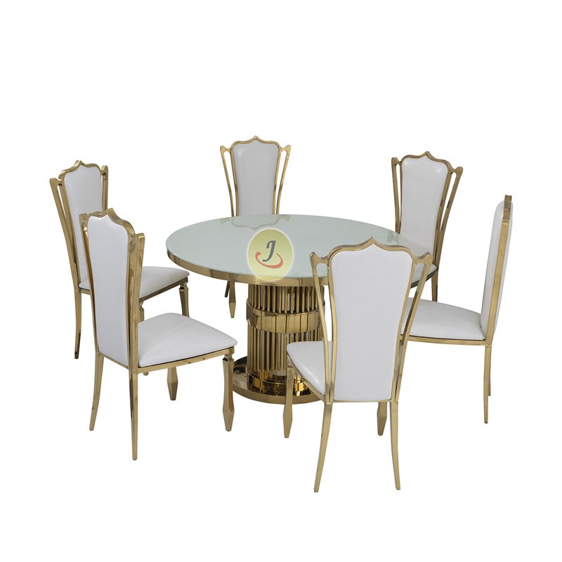 European Italian Modern Design Round Stainless Steel Table Dubai Natural Glass top Luxury Wedding Event Slim Waist Table