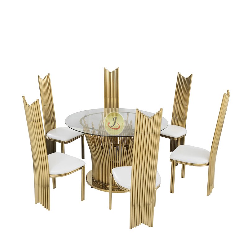 European Italian Modern Design Round Stainless Steel Table Dubai Natural Glass top Luxury Wedding Event Slim Waist Table