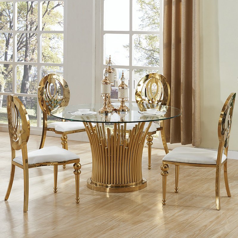 Wedding Events Stainless Steel Frame Mirror Glass Top Round Dining Tables
