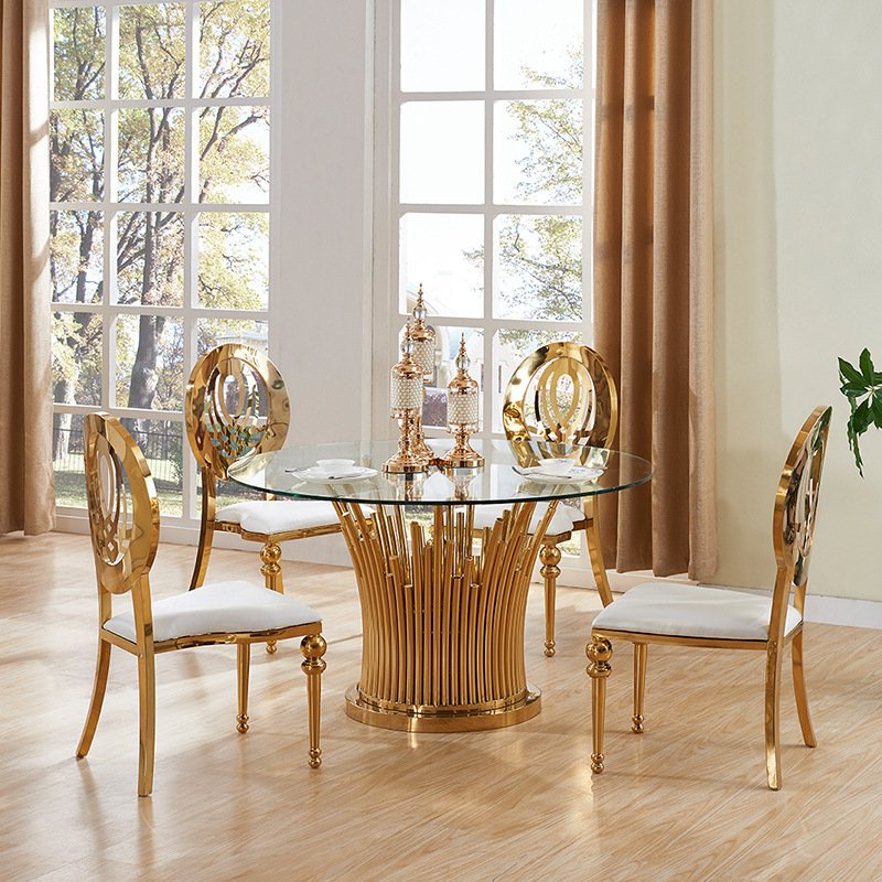 Wedding Events Stainless Steel Frame Mirror Glass Top Round Dining Tables
