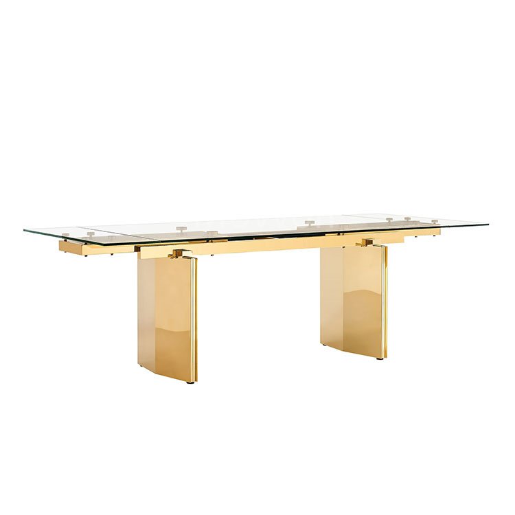 Elegant and clean look of tempered Glass Extendable Dining Table with stainless stainless in gold finish