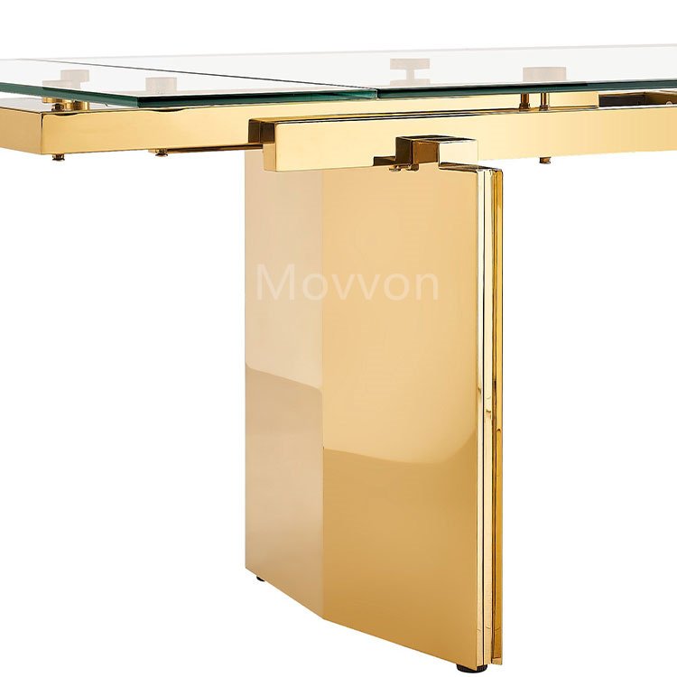 Elegant and clean look of tempered Glass Extendable Dining Table with stainless stainless in gold finish