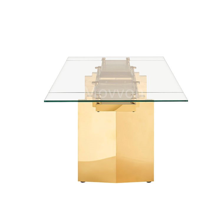 Elegant and clean look of tempered Glass Extendable Dining Table with stainless stainless in gold finish
