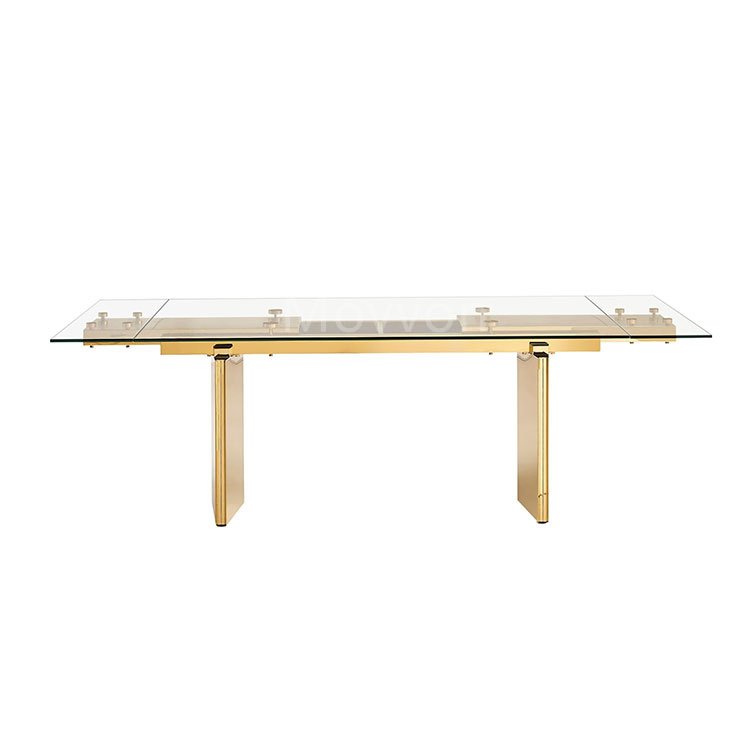 Elegant and clean look of tempered Glass Extendable Dining Table with stainless stainless in gold finish