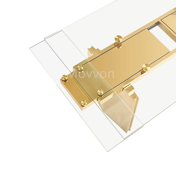 Elegant and clean look of tempered Glass Extendable Dining Table with stainless stainless in gold finish