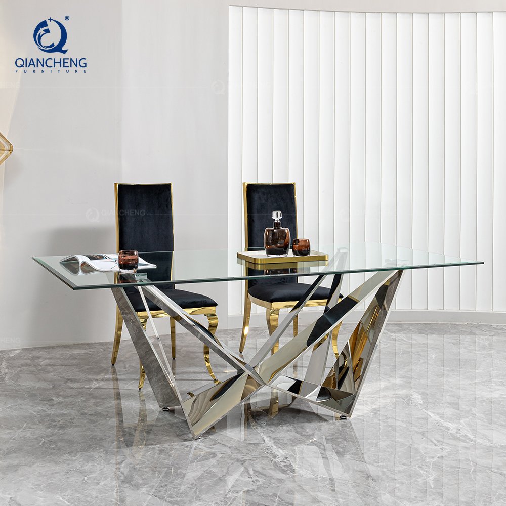 Rectangular tempered glass table light luxury household small table modern simple stainless steel dining table