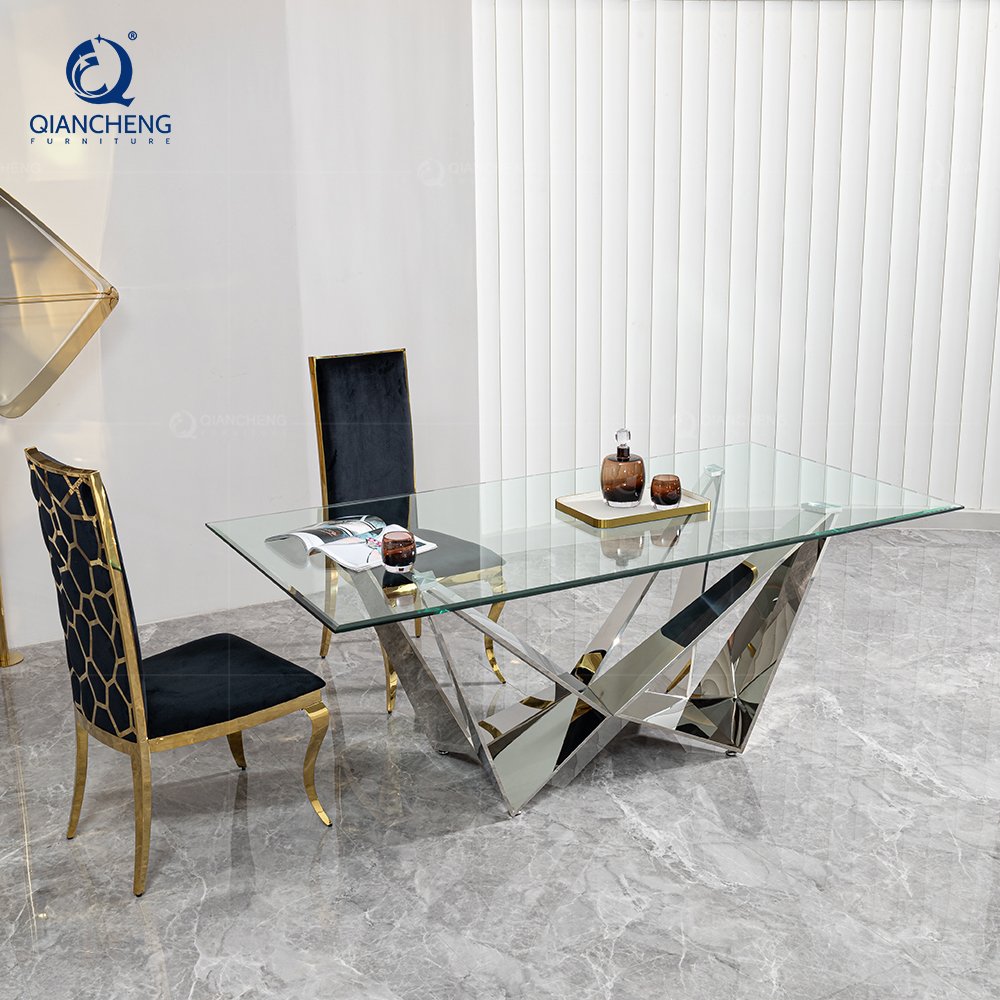 Rectangular tempered glass table light luxury household small table modern simple stainless steel dining table