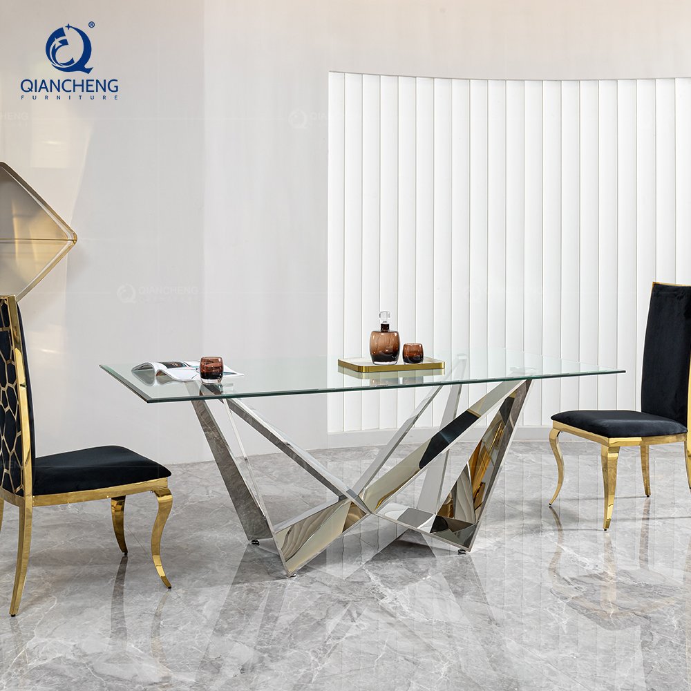 Rectangular tempered glass table light luxury household small table modern simple stainless steel dining table