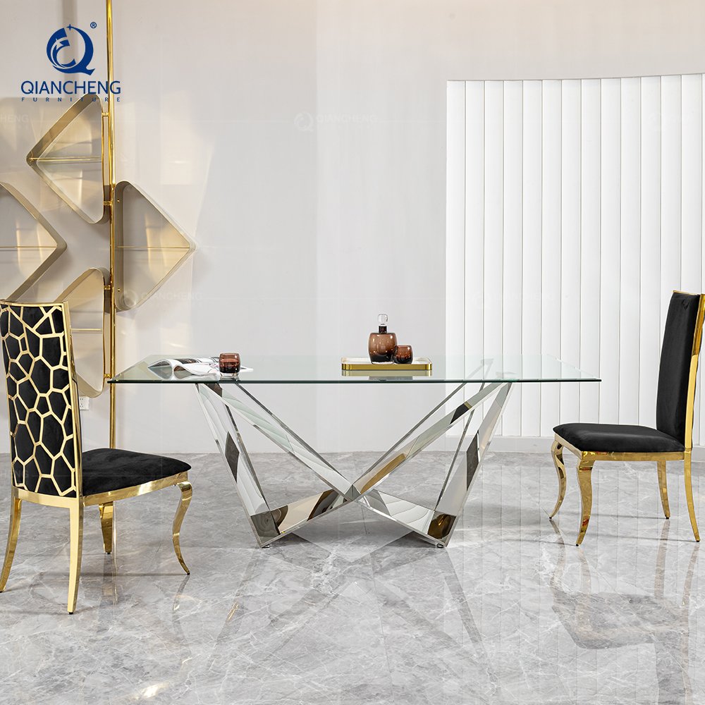 Rectangular tempered glass table light luxury household small table modern simple stainless steel dining table