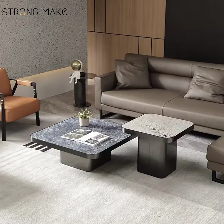 Furniture Factories Living Room Contemporary Stainless Steel Square Marble Top Coffee Table Set