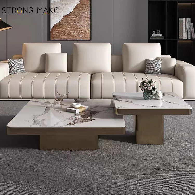 Furniture Factories Living Room Contemporary Stainless Steel Square Marble Top Coffee Table Set