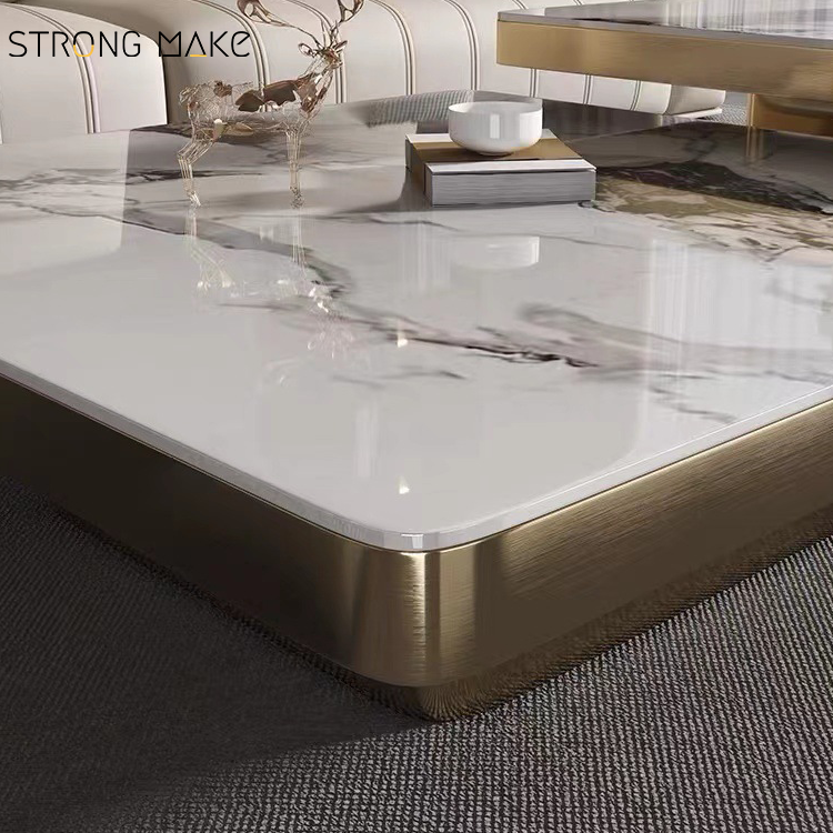 Furniture Factories Living Room Contemporary Stainless Steel Square Marble Top Coffee Table Set