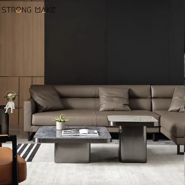 Furniture Factories Living Room Contemporary Stainless Steel Square Marble Top Coffee Table Set