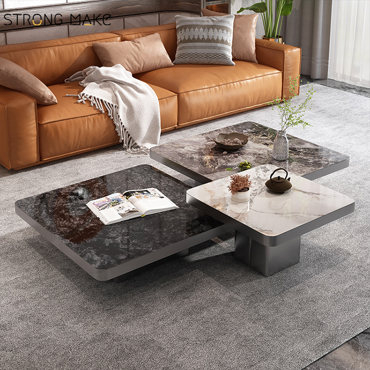 Furniture Factories Living Room Contemporary Stainless Steel Square Marble Top Coffee Table Set