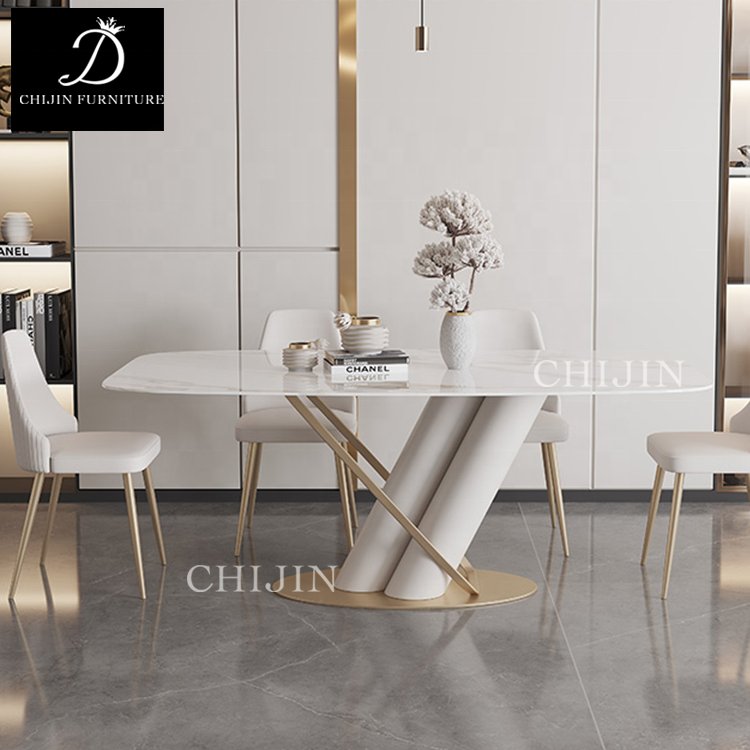 Modern Cream Style Stone Dining Table and Chairs Set of 4 Stainless Steel Base Kitchen Table Furniture