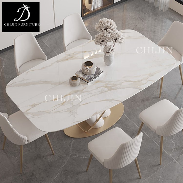 Modern Cream Style Stone Dining Table and Chairs Set of 4 Stainless Steel Base Kitchen Table Furniture